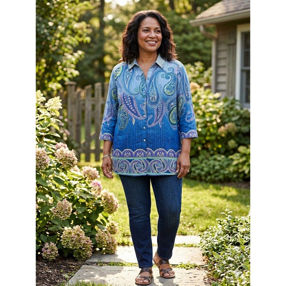 Chico's Women's Woven Button-Up Tunic Shirt Size 3 Cotton Paisley 3/4